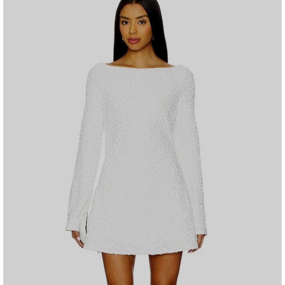 Lovers and Friends White Sequin Cowl Back Mini Dress Long Sleeve Large NEW bride